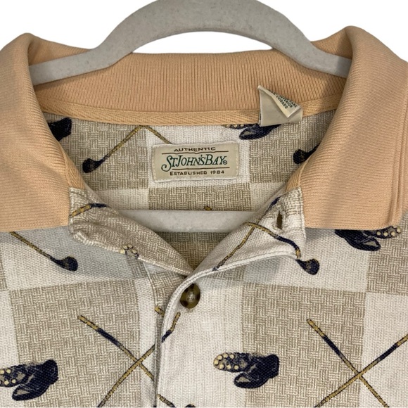 Mens Vintage St. John's Bay Cream and Tan Golfer Golf Club Polo Shirt Size XL - Picture 8 of 17